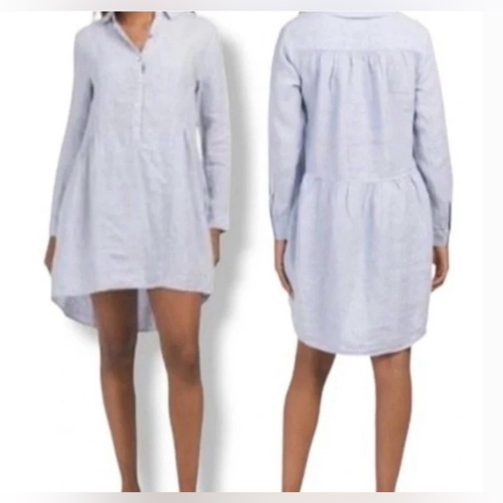 Halston 100% Linen Long-Sleeved Hi-Lo Mini Button-Up Dress Sz L